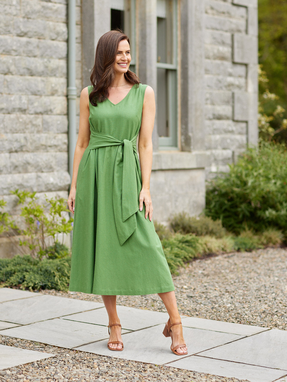 Ruth Sleeveless Tie Waist Dress - Green