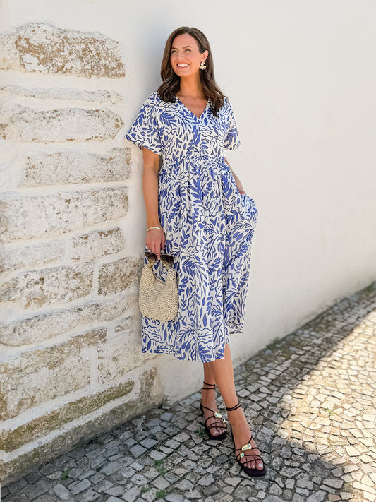 Fern Relaxed Dress - Blue & White Leaf Print
