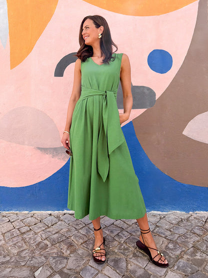 Ruth Sleeveless Tie Waist Dress - Green