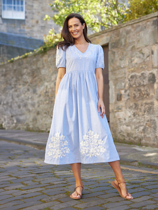 Lola Embroidered Relaxed Dress - Blue & White