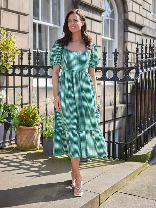 Judy Square Neck Dress - Green Gingham