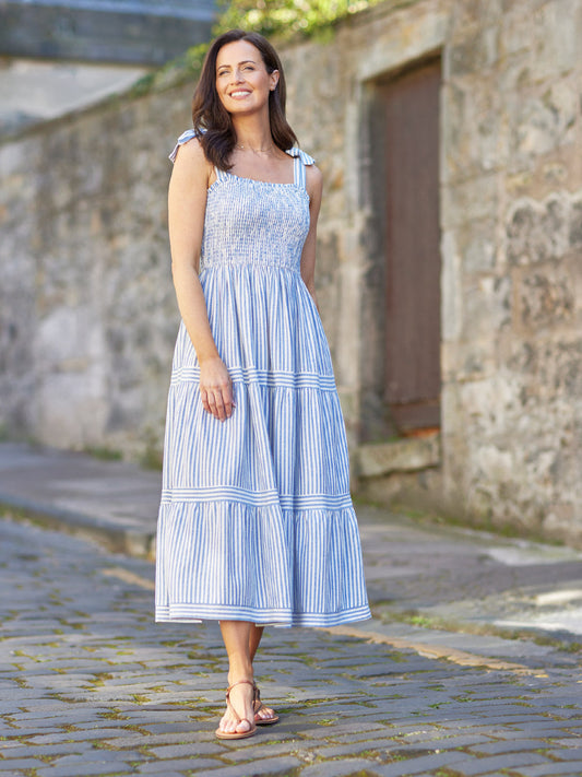 Joan Bow Strap Dress - Blue & White Stripe