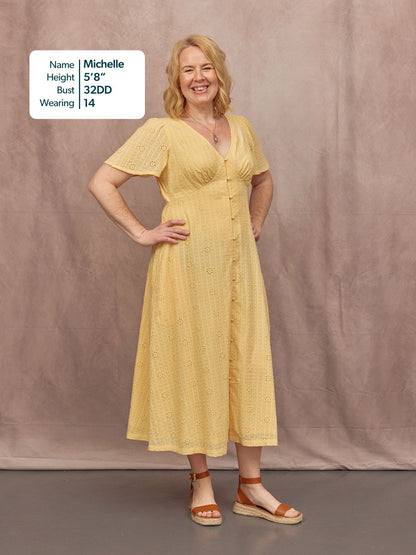 Allegra Broderie Button Through Dress - Yellow
