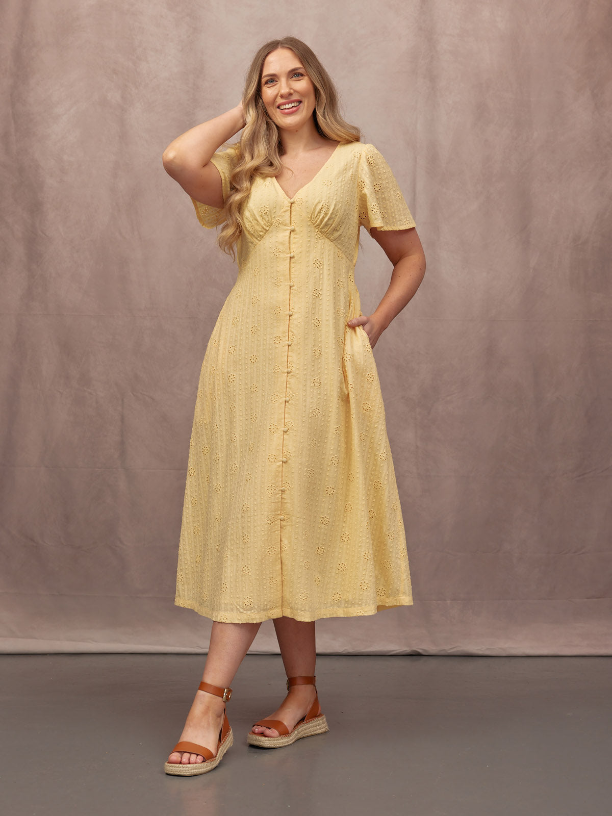 Allegra Broderie Button Through Dress - Yellow