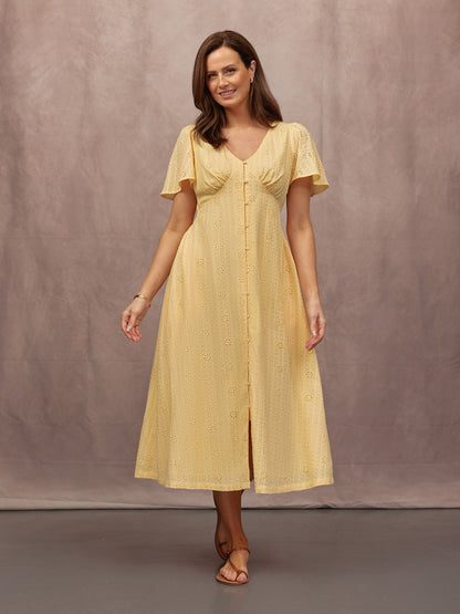 Allegra Broderie Button Through Dress - Yellow