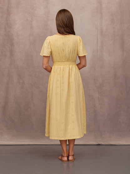 Allegra Broderie Button Through Dress - Yellow