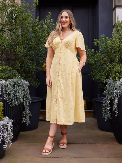 Allegra Broderie Button Through Dress - Yellow