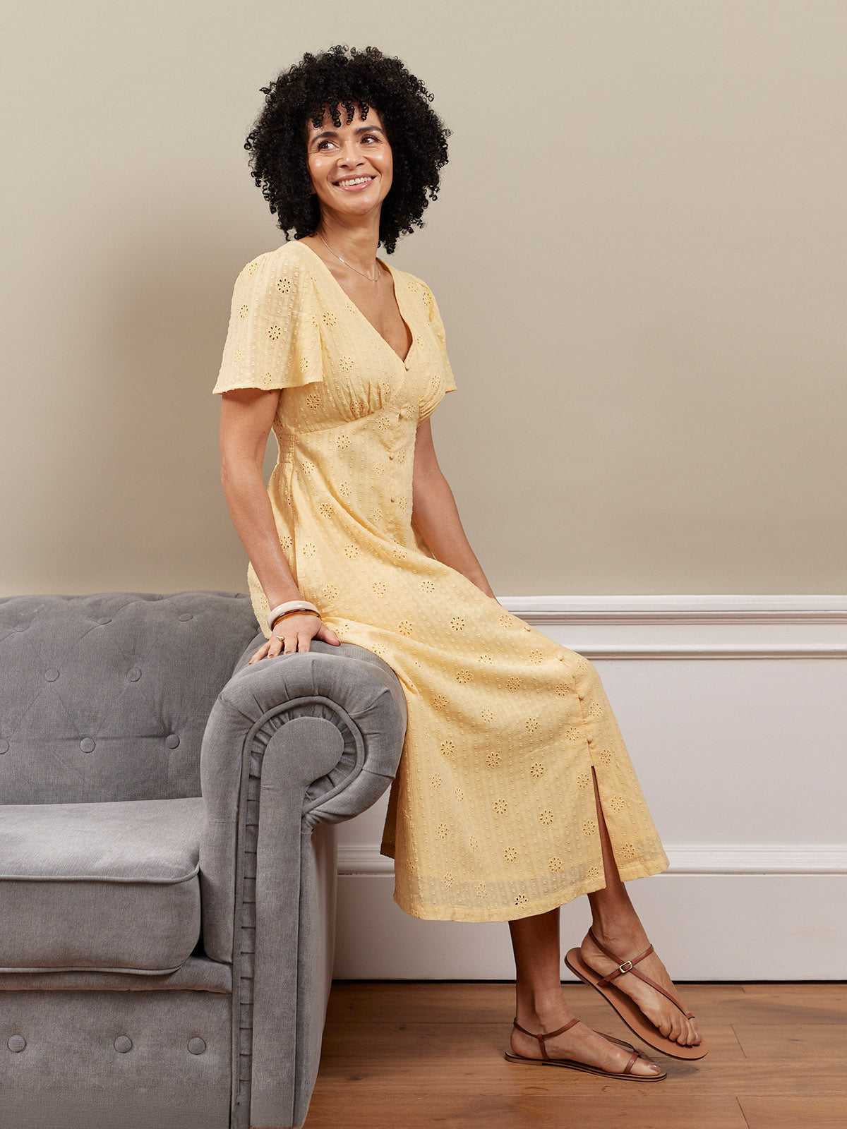 Allegra Broderie Button Through Dress - Yellow