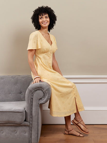 Allegra Broderie Button Through Dress - Yellow