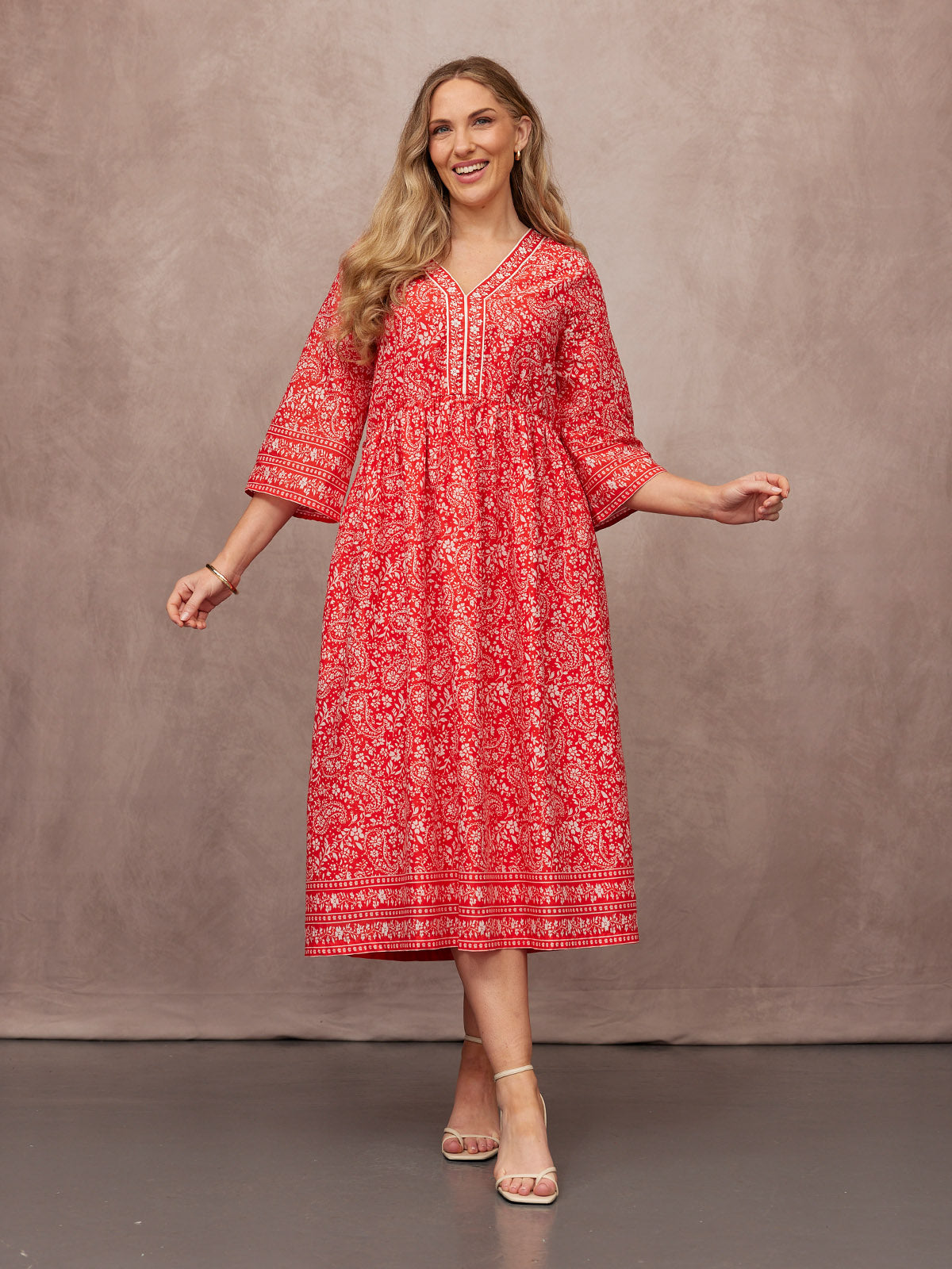Cindy Kimono Sleeve Midi Dress - Red & Ecru Paisley Print