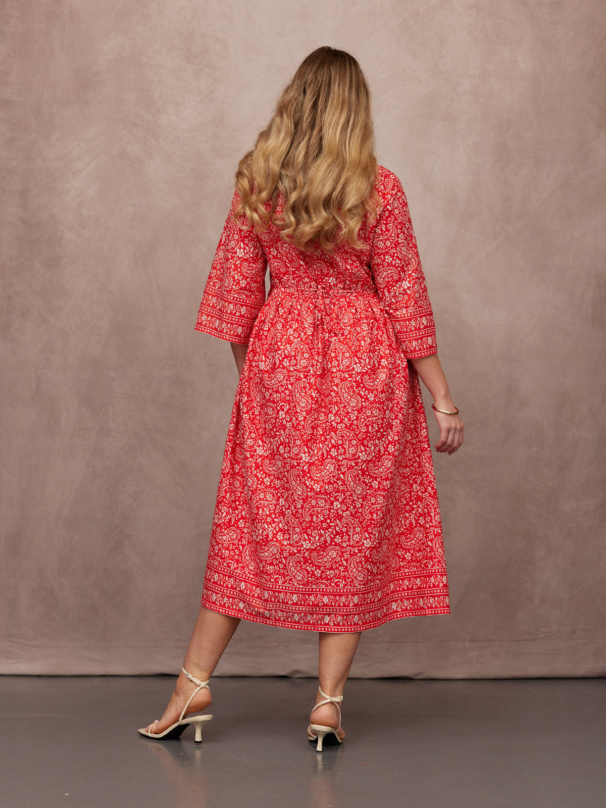Cindy Kimono Sleeve Midi Dress - Red & Ecru Paisley Print