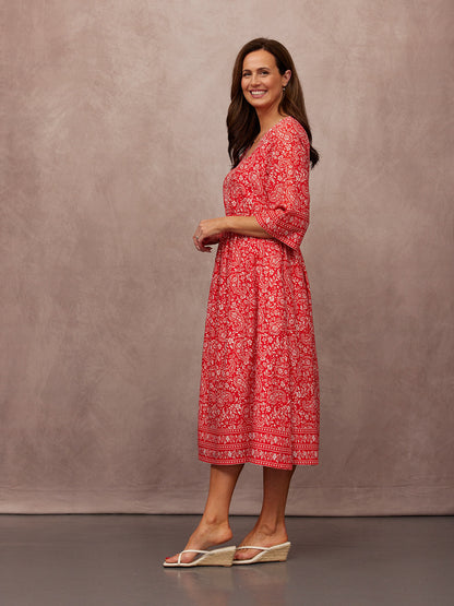 Cindy Kimono Sleeve Midi Dress - Red & Ecru Paisley Print