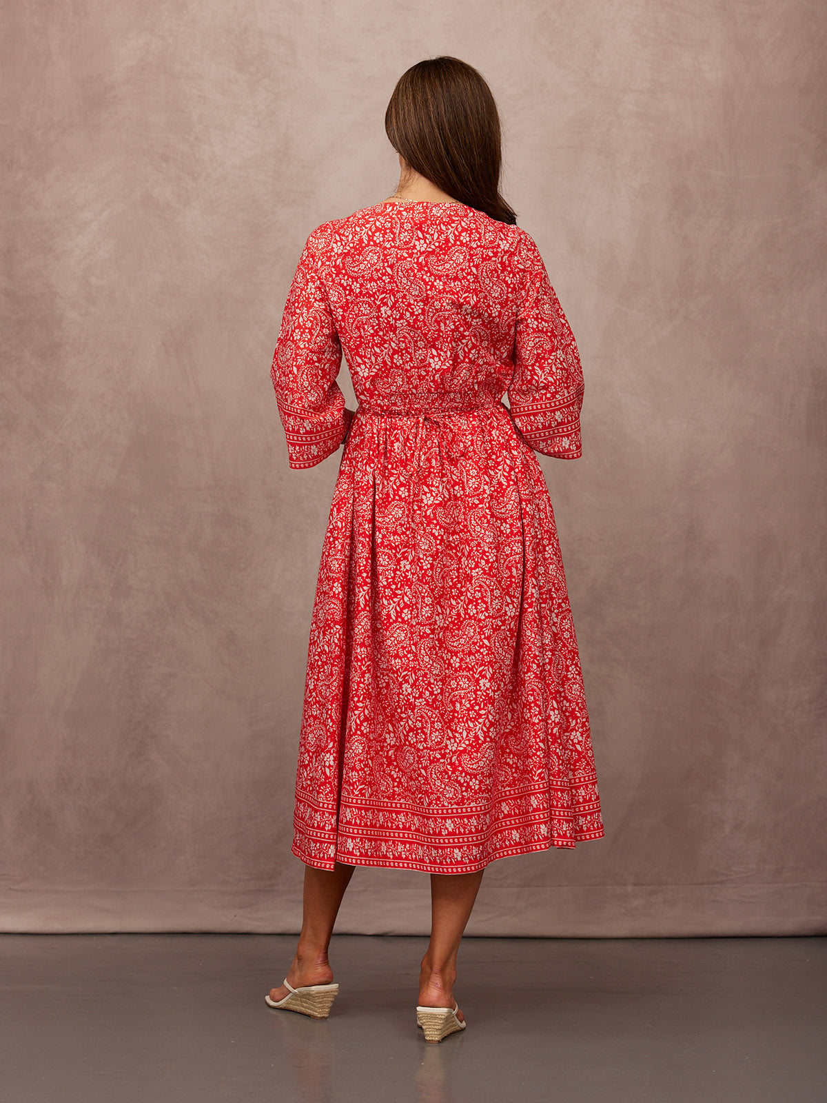 Cindy Kimono Sleeve Midi Dress - Red & Ecru Paisley Print