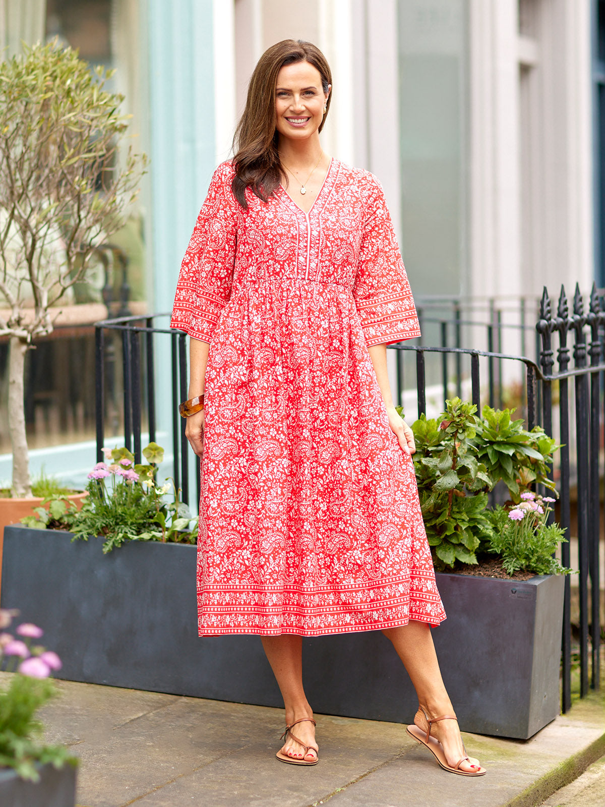 Cindy Kimono Sleeve Midi Dress - Red & Ecru Paisley Print
