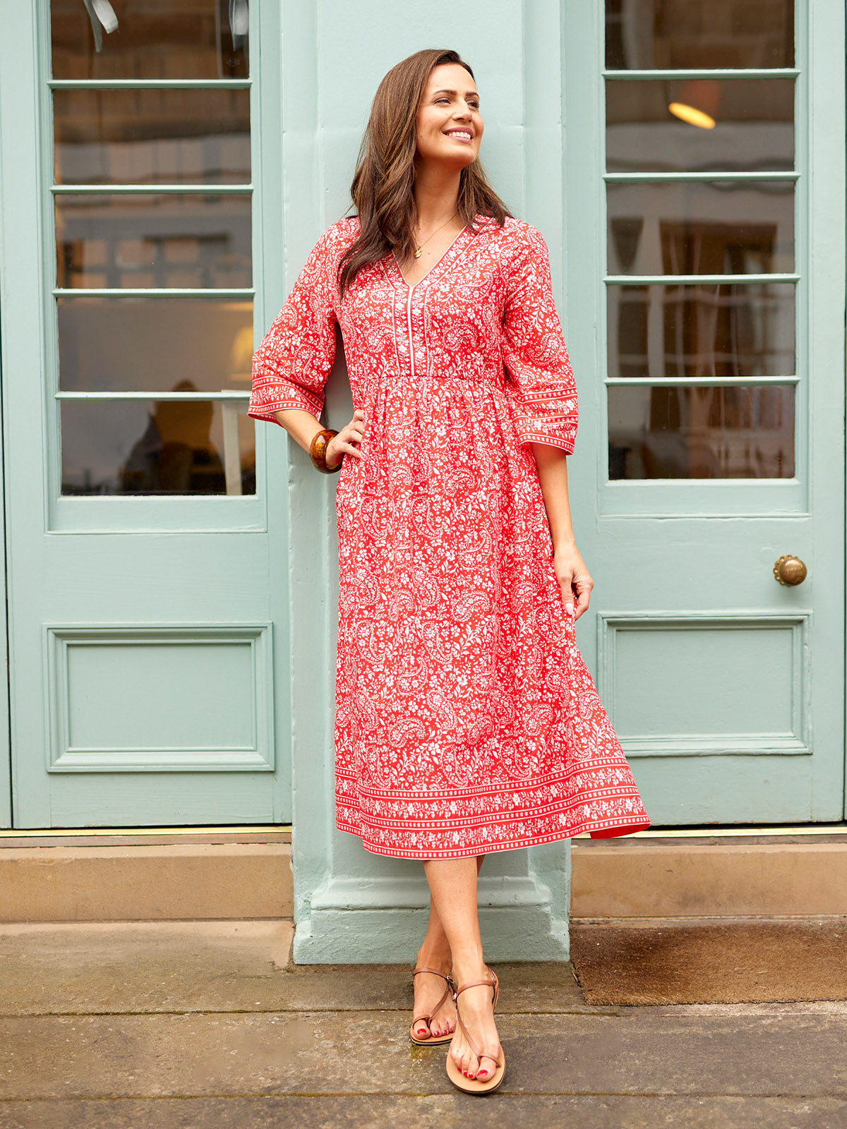 Cindy Kimono Sleeve Midi Dress - Red & Ecru Paisley Print