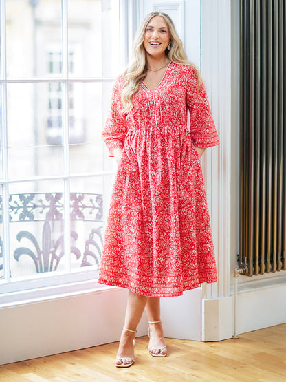 Cindy Kimono Sleeve Midi Dress - Red & Ecru Paisley Print