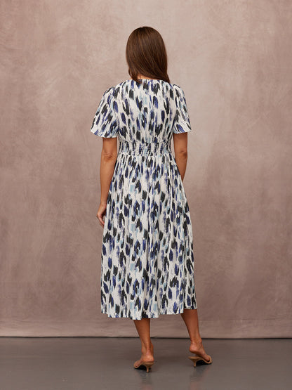 Maddie Short Sleeve Dress - Navy Ikat Print