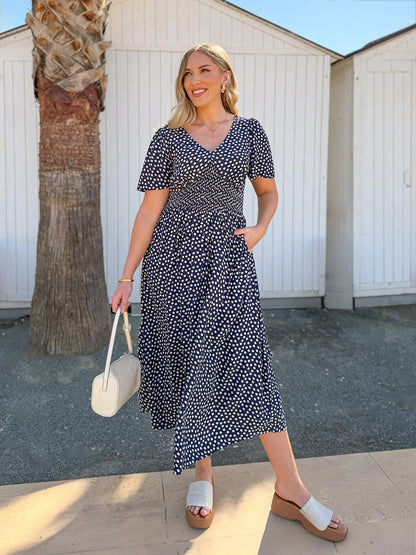 Maddie Short Sleeve Dress - Navy Polka Dot Print