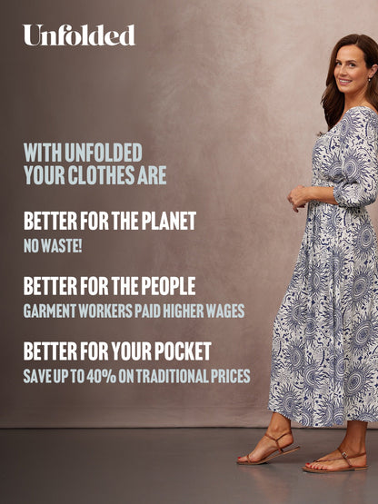 Marisol Round Neck Shirred Dress - Ecru & Blue Sun Print