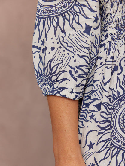 Marisol Round Neck Shirred Dress - Ecru & Blue Sun Print