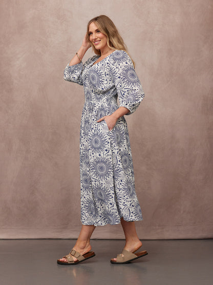 Marisol Round Neck Shirred Dress - Ecru & Blue Sun Print
