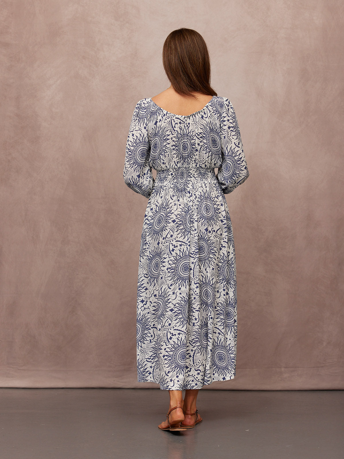 Marisol Round Neck Shirred Dress - Ecru & Blue Sun Print
