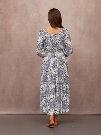 Marisol Round Neck Shirred Dress - Ecru & Blue Sun Print