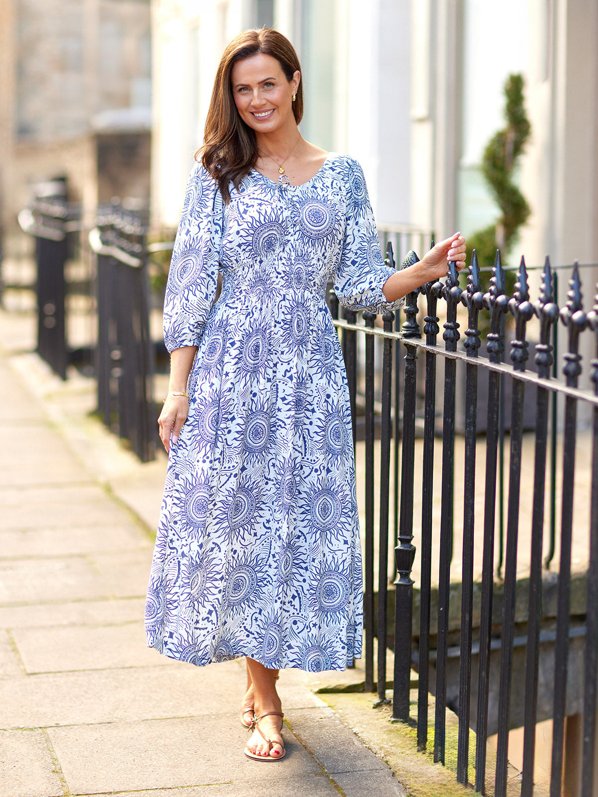Marisol Round Neck Shirred Dress - Ecru & Blue Sun Print