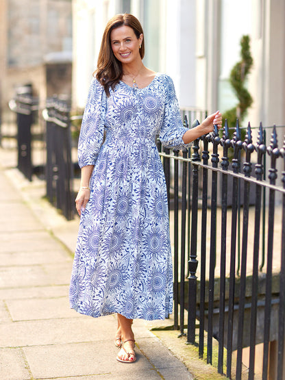 Marisol Round Neck Shirred Dress - Ecru & Blue Sun Print