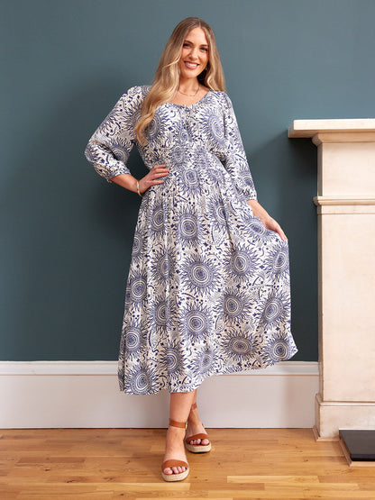 Marisol Round Neck Shirred Dress - Ecru & Blue Sun Print