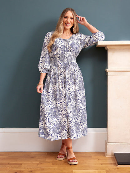 Marisol Round Neck Shirred Dress - Ecru & Blue Sun Print