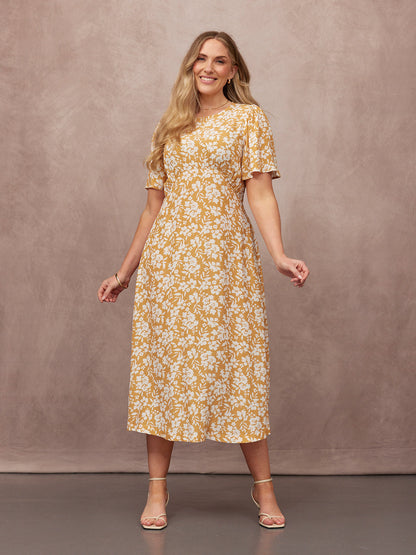 Rupali Angel Sleeve Tea Dress - Mustard & Ecru Floral Print