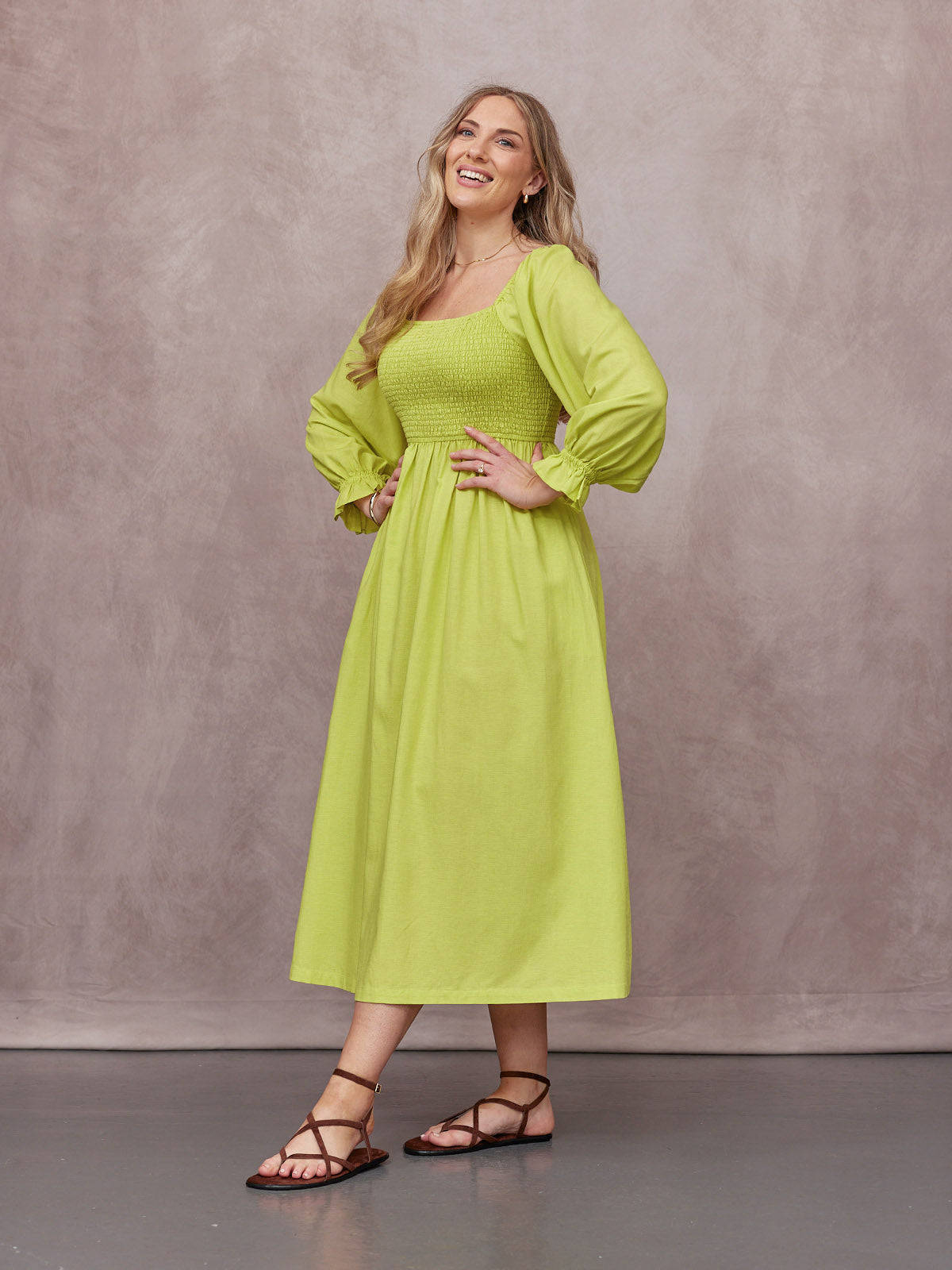 Sam Shirred Dress - Chartreuse