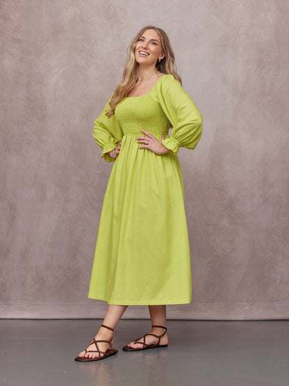 Sam Shirred Dress - Chartreuse