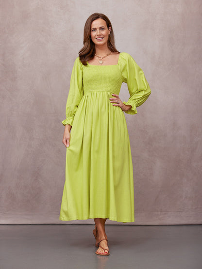 Sam Shirred Dress - Chartreuse