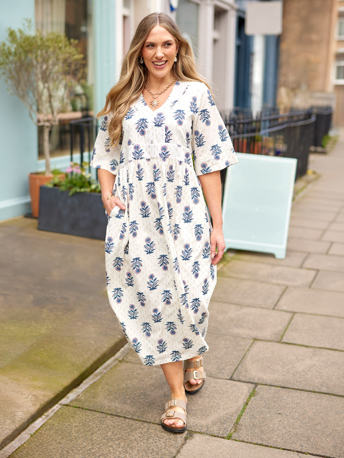 Tara Lurex Summer Dress - White & Blue Floral Print