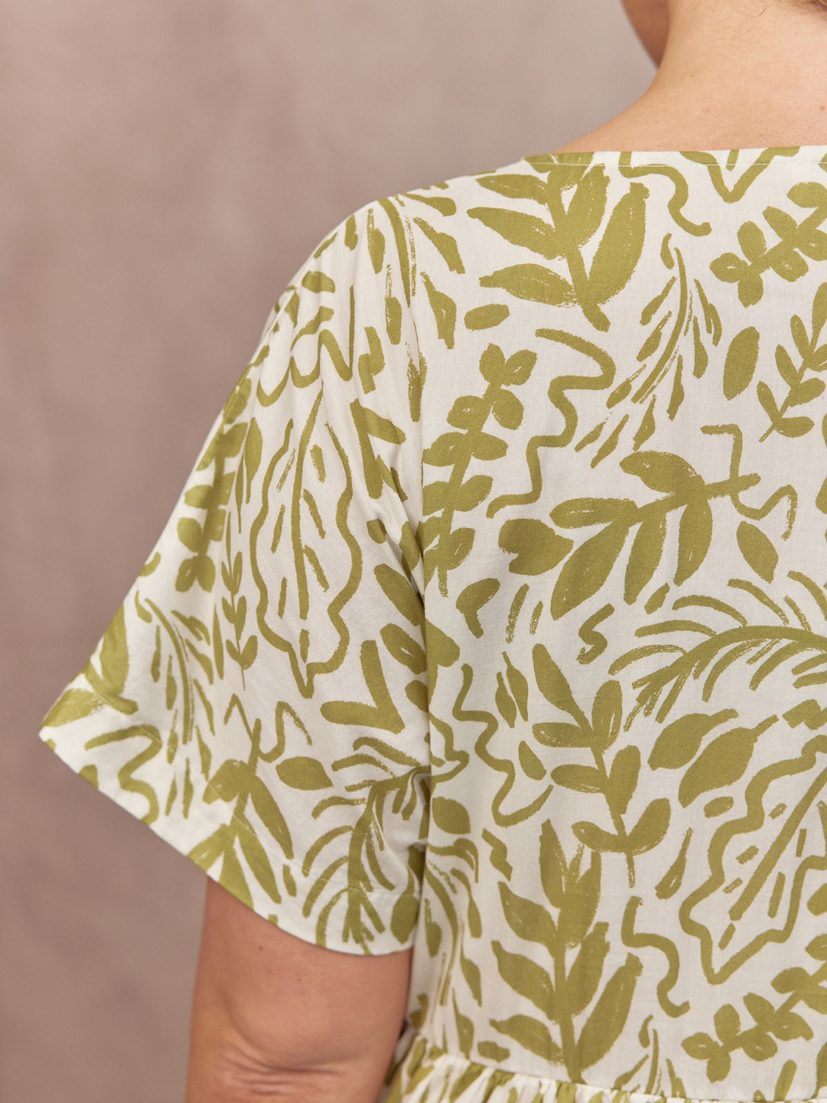 Fern Relaxed Dress - Ecru & Green Leaf Print