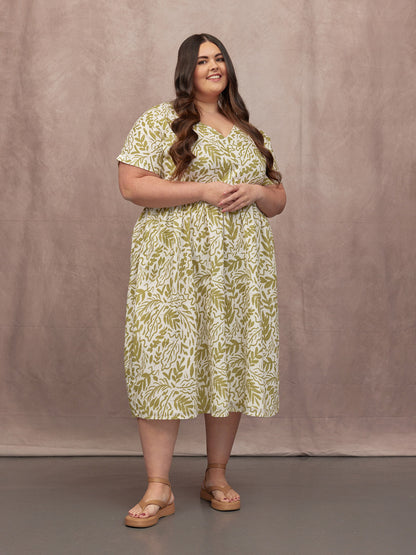 Fern Relaxed Dress - Ecru & Green Leaf Print