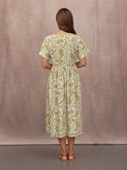 Fern Relaxed Dress - Ecru & Green Leaf Print