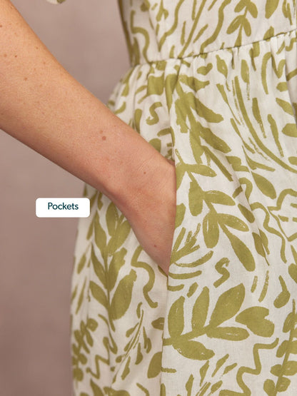 Fern Relaxed Dress - Ecru & Green Leaf Print