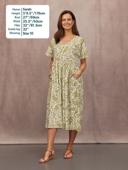 Fern Relaxed Dress - Ecru & Green Leaf Print