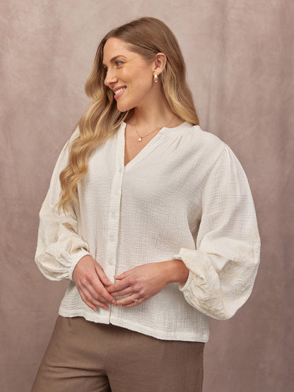 Jayne Embroidered Sleeve Blouse - Ecru
