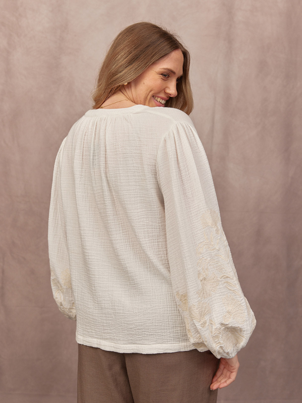 Jayne Embroidered Sleeve Blouse - Ecru