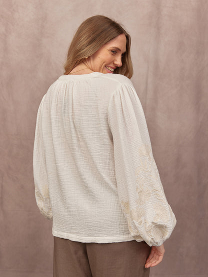 Jayne Embroidered Sleeve Blouse - Ecru
