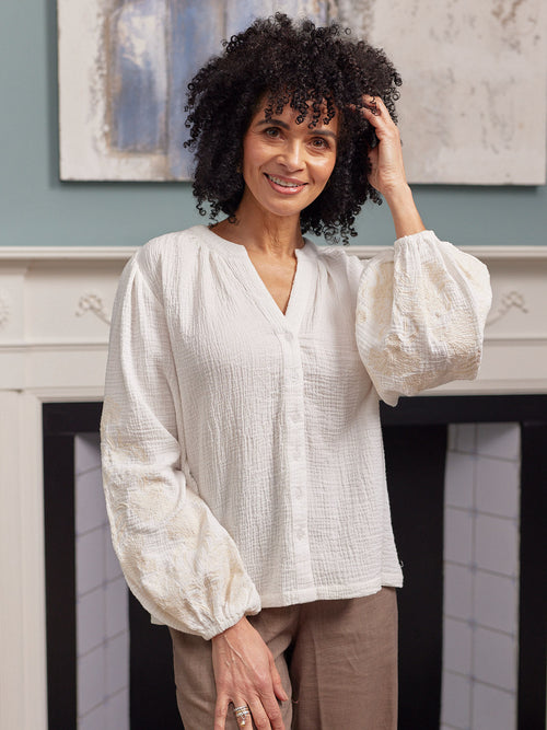 Jayne Embroidered Sleeve Blouse - Ecru