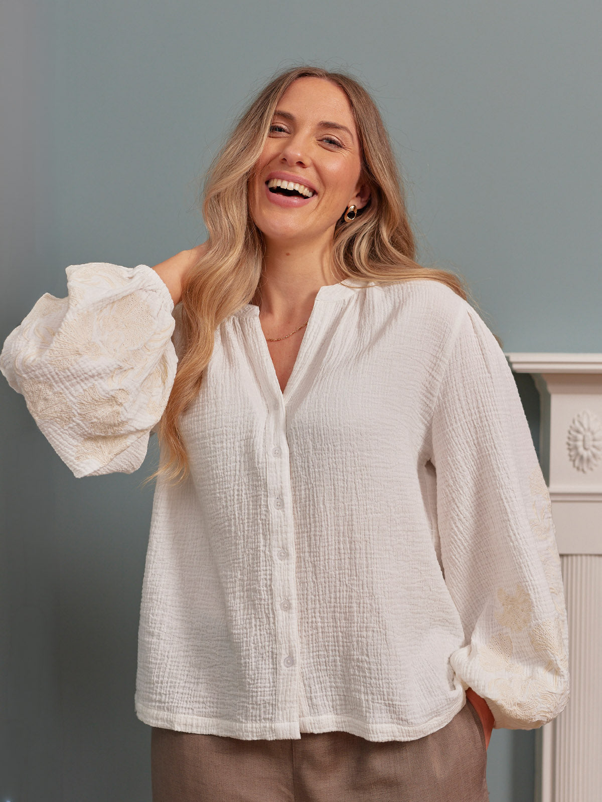 Jayne Embroidered Sleeve Blouse - Ecru