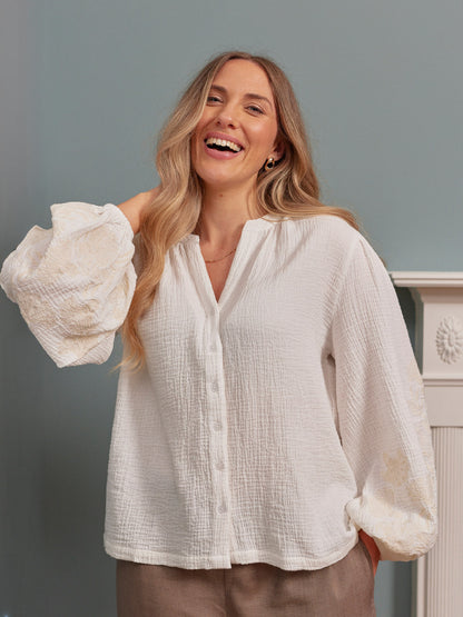 Jayne Embroidered Sleeve Blouse - Ecru