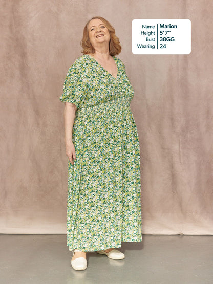 Maddie Short Blouson Sleeve Dress - Green Micro Floral Print