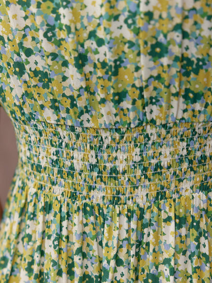 Maddie Short Blouson Sleeve Dress - Green Micro Floral Print