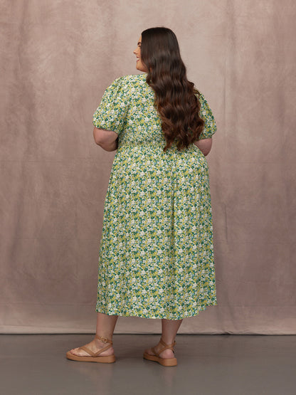 Maddie Short Blouson Sleeve Dress - Green Micro Floral Print